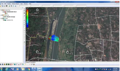 Gambar 5.7 Hasil Crossing yang dimasukkan dalam hasil potretan Google  Earth Hulu Jembatan Srandakan 
