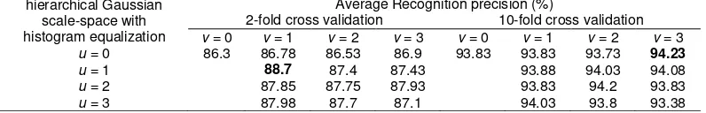 Table 2. Performance Results: Average Recognition precision with Hierarchical Gaussian Scale-Space with Histogram Equalization for Androgenic Hair Pattern 