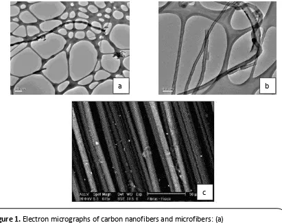 Figure 1. Electron micrographs of carbon nanofibers and microfibers: (a) 