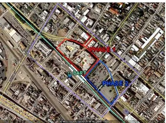 Gambar 2.5 Kawasan Fruitvale Village yang sudah direvitalisai (merah) dan kawasan rencana pembangunan tahap 2 (biru) http://switchboard.nrdc.org/ )  