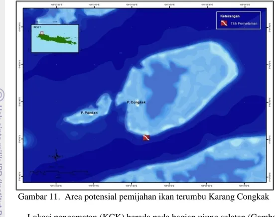 Gambar 11.  Area potensial pemijahan ikan terumbu Karang Congkak  Lokasi pengamatan (KCK) berada pada bagian ujung selatan (Gambar  11)