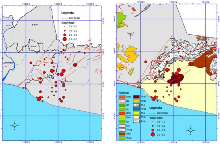 Gambar 1. (a) Peta Seismisitas di Kawasan Jalur Sesar Opak-Oyo Tahun  2008 -2016, (b) Peta Seismisitas di  Kawasan Jalur Sesar Opak-Oyo pada Formasi Geologi 