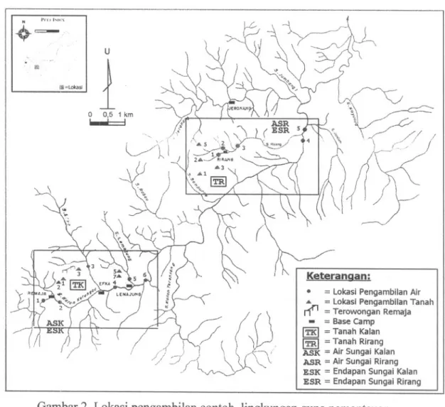 Gambar 2. Lokasi pengambilan contoh lingkungan guna pemantauan dampak lingkungan litbang pertambangan U di Kalan Hulu (kid bawah) dan Rirang Hulu (kanan atasp] .