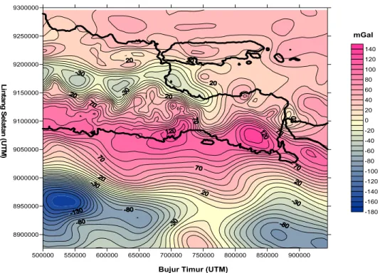 Gambar 2.  Peta kontur anomali medan gravitasi Bouguer terproyeksi pada bidang datar 