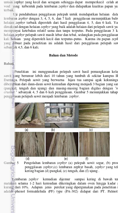 Gambar 5   Pengolahan lembaran zephyr (a) pelepah sawit segar, (b) proses 