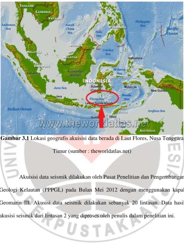 Gambar 3.1 Lokasi geografis akuisisi data berada di Laut Flores, Nusa Tenggara  Timur (sumber : theworldatlas.net) 