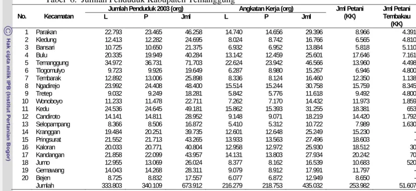 Tabel  6.  Jumlah Penduduk Kabupaten Temanggung   