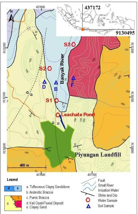 Figure 1: Geological map (Putra, 2001) and soilsampling locations (B1, B2, B3, B4, D and F),leachate pond sample location, and groundwa-ter sample location from the dug well S1, S2 andS3.