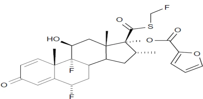 Gambar 2. 3  Struktur kimia fluticasone furoate: (6α, 11β, 16α, 17α)-6,9-difluoro-17-{[(fluoro-methyl)thio]carbonyl}-11-hydroxy-16-methyl-3-oxoandrosta-1,4-dien-17-yl 2-furancarboxylate