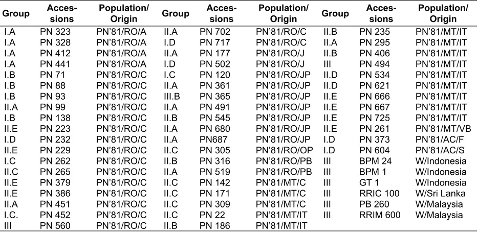 Table 1. List of plant materials, the populations and their origins in the Amazone Basin – used in this rubber tree genetic diversity and population structure analysis