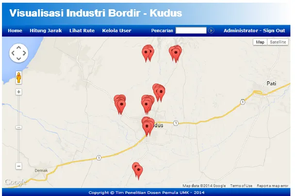 Gambar 6. Tampilan prototype sistem informasi geografis pemetaan industri bordir di kabupaten  Kudus dengan Google Map API 