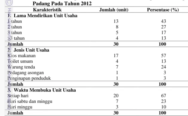 Tabel 11.  Karakteristik  Responden  Unit  Usaha  di  Situs  Megalitik  Gunung  Padang Pada Tahun 2012 