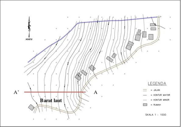 Gambar 2. (color online) Lokasi lereng  pada peta topografi (lereng A-A’) yang dipilih adalah lokasi pelaksanaan  geolistrik lintasan 1