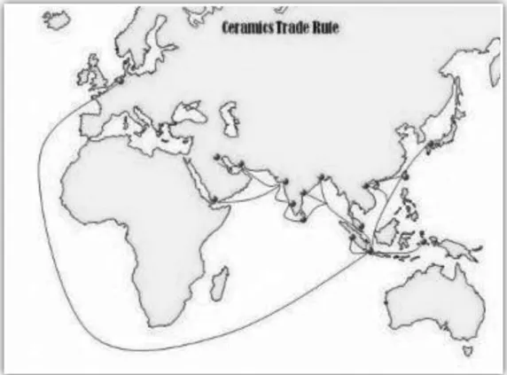 Gambar 2. Peta rute perdagangan keramik melalui jalur pelayaran (Sumber: Harkatiningsih, 2010:17)