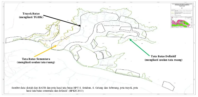 Gambar 6 Contoh perbedaan batas kawasan hutan antara peta trayek batas, pemancangan batas sementara dan pemancangan batas definitif
