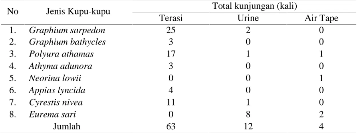 Tabel  2.  Jenis  dan  Total  Jumlah  Kunjungan  (Kali)  Dari  Masing-Masing  Jenis  Kupu-Kupu Pada Masing-Masing Umpan