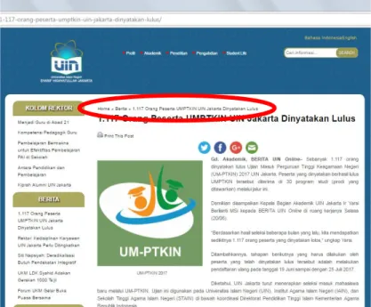 Gambar 7. Tampilan fitur breadcrumps (elips merah) situs web UIN Jakarta tahun 2017  Lain  halnya  dengan  situs  web  UI  yang 