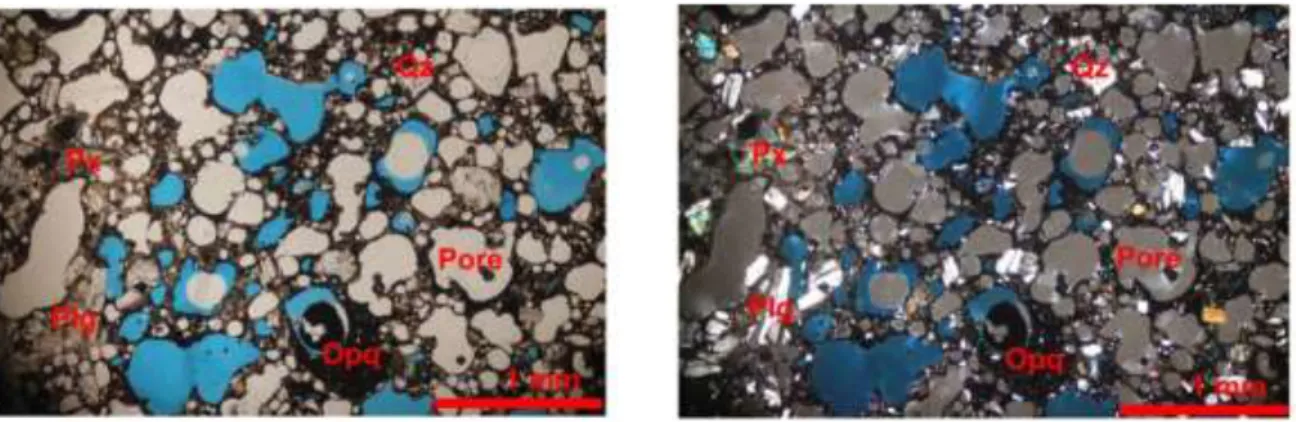 Gambar 3.8. Kenampakan petrografi sampel merah yang telah ditambah dengan metil biru (blue dye)  pada pengamatan PPL (A) dan XPL (B) 