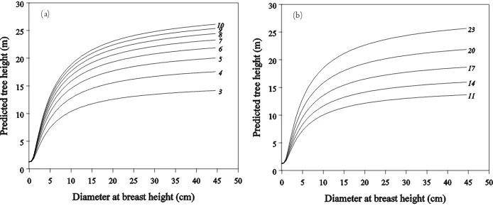 Figure 6. Predicted tree heights for diferent ages at a given site index of 20 m (a) and predicted tree heights for diferent site index classes at a given age of 6 years (b) using Model HD-4.