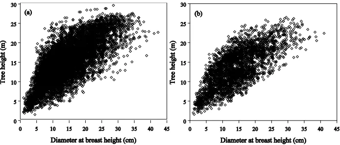 Figure 1. Scatter plots of tree height against diameter at breast height (dbh) of A. mangium trees for the itting (a) and the validation (b) data sets.