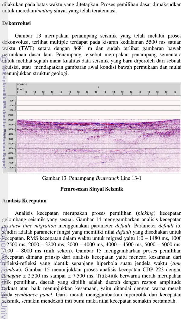 Gambar  13  merupakan  penampang  seismik  yang  telah  melalui  proses  dekonvolusi,  terlihat  multiple  terdapat  pada  kisaran  kedalaman  5500  ms  satuan  waktu  (TWT)  setara  dengan  8681  m  dan  sudah  terlihat  gambaran  bawah  permukaan  dasar 