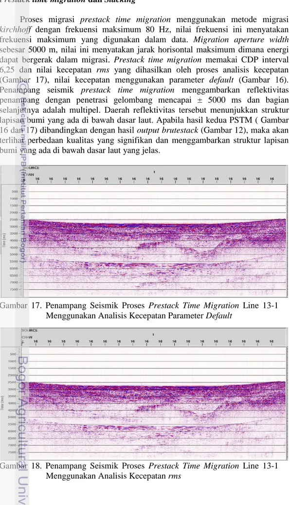 Gambar  17.  Penampang  Seismik  Proses  Prestack  Time  Migration  Line  13-1  Menggunakan Analisis Kecepatan Parameter Default 