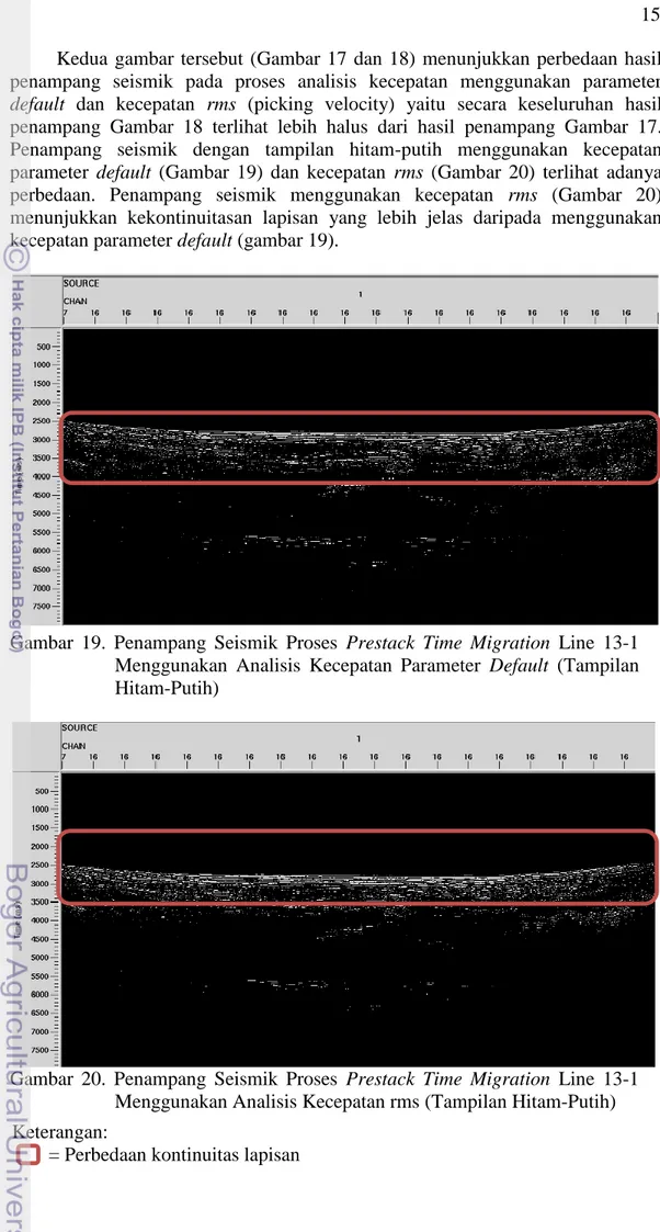 Gambar  19.  Penampang  Seismik  Proses  Prestack  Time  Migration  Line  13-1  Menggunakan  Analisis  Kecepatan  Parameter  Default  (Tampilan  Hitam-Putih) 