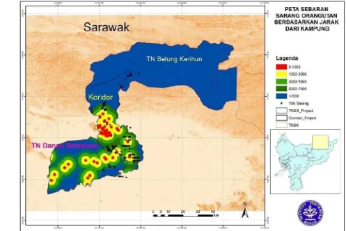 Gambar 3 Peta sebaran sarang Orangutan berdasarkan jarak dari pemukiman