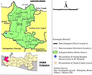 Gambar (Figure) 1. Peta lokasi penelitian di Hutan Lindung Capar, Brebes (Map  of  the research location in Capar Protection Forest, Brebes) 