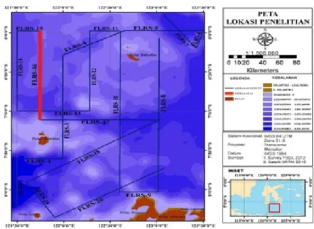 Gambar 1. Peta lintasan survei pada citra topografi di Laut Flores. Lintasan survei ditandai       dengan garis hitam dan lintasan 16 ditandai dengan garis merah