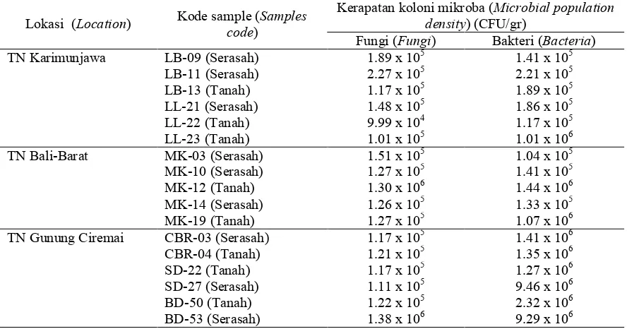 Tabel  (Table) 2. Kerapatan populasi mikroba pada tanah dan serasah yang dikoleksi (Population density of microbes isolated from  soils and litters sample) 
