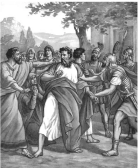 Gambar Paulus sedang berkotbah di depan tentara-tentara yang akan  menangkapnya. 
