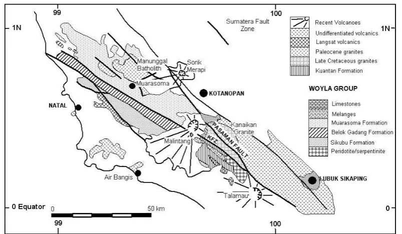 Figure 2.  Regional geology of Pasaman and Muarasoma areas (modified from Barber, 2000)