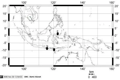Gambar 1. Peta lokasi rekaman oxygen isotop kora dari (a) Bunaken, (b) Bali, dan (c) Maudulung