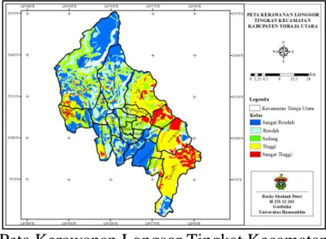 Grafik Kerawanan Longsor Tingkat  Kecematan di Kabupaten Toraja Utara  Dari  tabel  dan  grafik  hasil  di  dapatkan  dari  hasil  skoring  bobot  dari  data  AHP  yang  di 