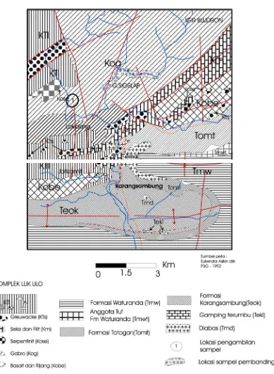 Gambar 1.  Peta geologi daerah penelitian, modifikasi dari Asikin S dkk (1992) 
