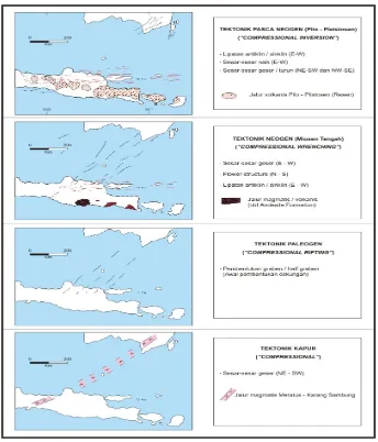 Gambar 1.  Evolusi tektonik Cekungan Jawa Timur Utara (Lemigas, 2003). 