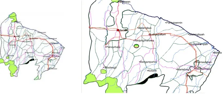 Gambar 1.  Peta Tanjung Morawa & sebaran lempung Tanjung Morawa (warna hijau). 