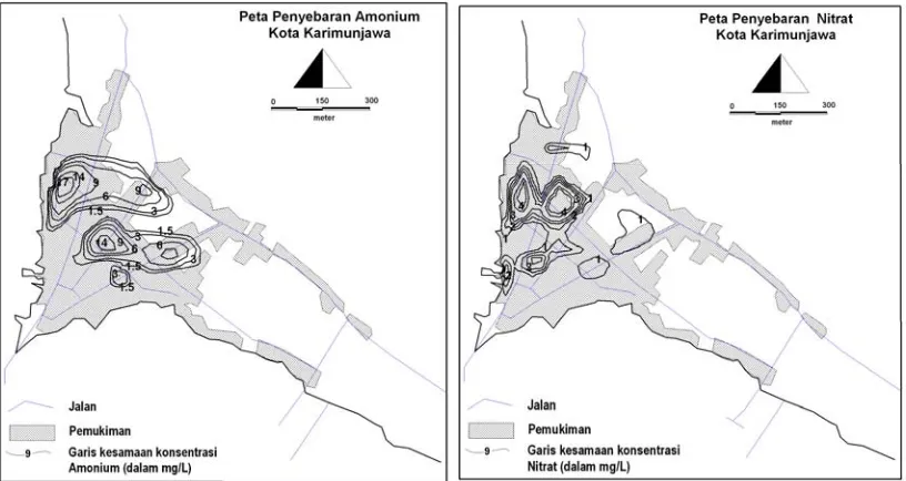Gambar 7. Distribusi nilai DHL pada daerah studi berdasarkan pendekatan geostatistik metoda IDW  (kiri) dan interpretasi peta zonasi kualitas air Kota Karimunjawa