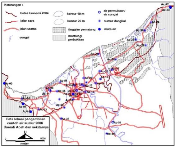 Gambar 2.  Peta lokasi pengambilan conto air sumur dangkal di kota Banda Aceh dan                kabupaten Aceh Besar pada bulan Juli 2006 yang dilakukan oleh LIPI