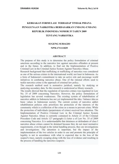 KEBIJAKAN FORMULASI TERHADAP TINDAK PIDANA PENGGUNAAN NARKOTIKA ...