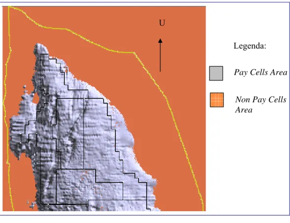 Gambar IV.3 Pay cells yang merupakan bagian dari pay region, mempunyai  property Sw &lt;= 0.8 dan Phie &gt;= 0.24, di atas OWC