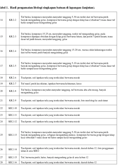 Tabel 1.  Hasil pengamatan litologi singkapan batuan di lapangan (lanjutan). 
