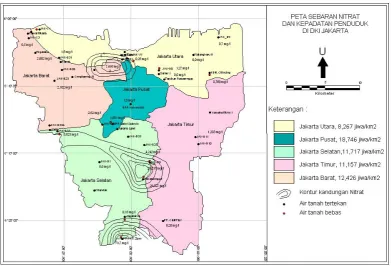 Gambar 3. Peta Sebaran Nitrat dan Kepadatan penduduk  di Wilayah DKI Jakarta 