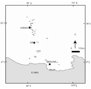Figure 1. Location map of coral drilling (stars):  Jukung, Air, Bidadari 