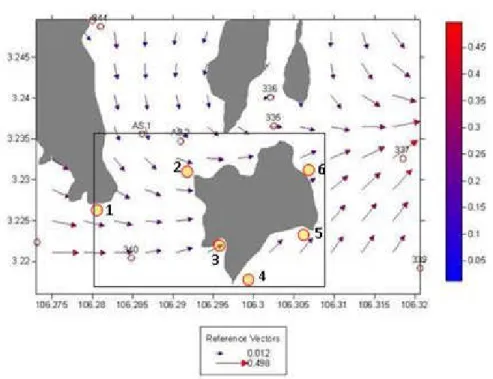 Gambar 12. Perkiraan lokasi pemijahan ikan Napoleon berdasarkan data pola arus laut dan ukuran larva ikan yang tertangkap oleh nelayan di sekitar P.Teluk Pau, Kabupaten Anambas