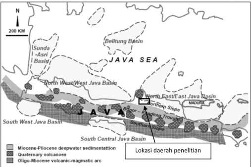 Gambar  2.  Empat  daerah  geologi  kejadian  minyak  yaitu  daerah  Cepu-Bojonegoro,  daerah  Surabaya-Madura,  daerah  lepas  pantai  utara  Madura  dan  lepas  pantai  selatan  Madura-Kangean
