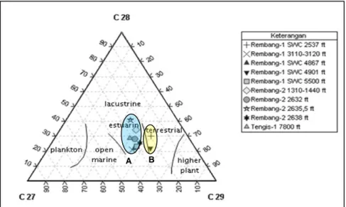 Gambar  8.  Diagram  perbandingan  antara  sterana  C 27 ,  C 28   dan  C 29   yang  menunjukkan  lingkungan  pengendapan  asal  material  organiknya;  A