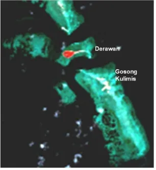 Gambar 7. Citra satelit TMS 7 memper- lihatkan letak pulau dan sebaran rataan terumbu karang yang memperlihatkan arah pembentukan rataan ke selatan
