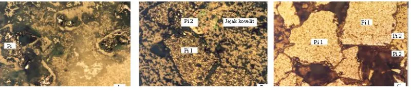 Gambar 5.  Fotomikrografi IM-05A (a-b) Pirit  memperlihatkan tekstur colloform dan mengisi rongga, terdapat pula jejak kovelit, dan (c)